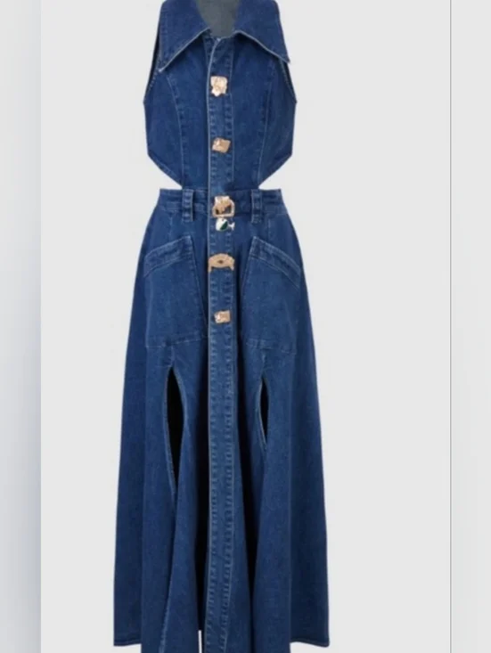 Urban Revivo | Cut-Out Sleeveless Denim Maxi Dress | Deep Blue Wash | Y2K - Picture 3 of 5